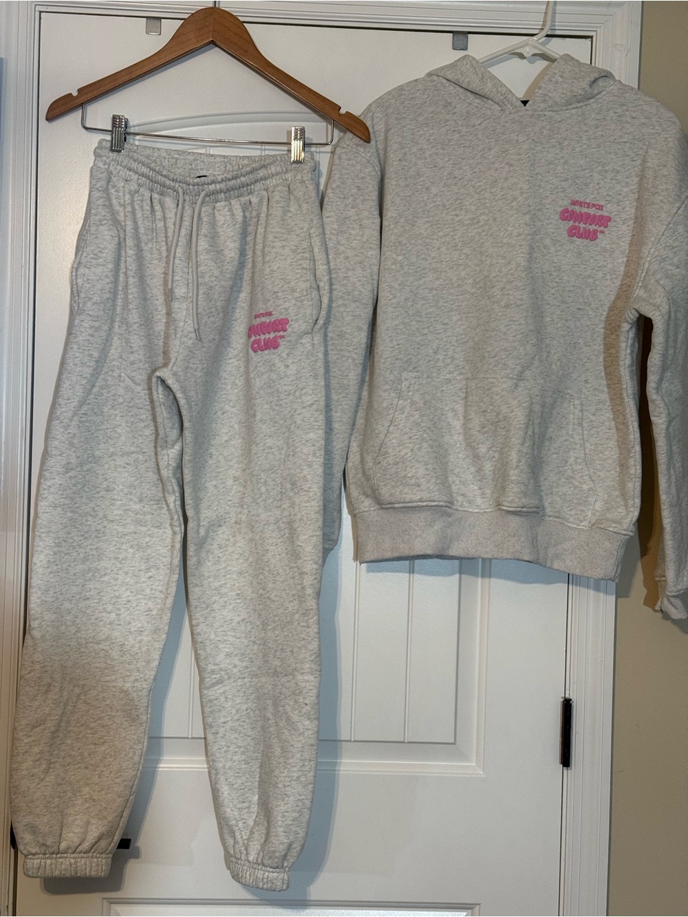 White fox comfort club sweatsuit Heather Gray Hoodie & Jogger Set with Pink Logo